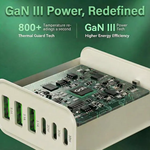 Alt view image 6 of 6 - USB C Charger Block, 65W 6-Port Fast Charging Adapter with Gallium Nitride, Power Delivery and Quick Charge for Smartphones, Tablets and USB-C Devices (1Pack_65W)