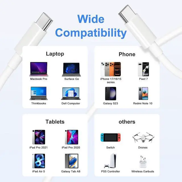 Alt view image 7 of 7 - USB C to USB C Cable 100W 6FT 2-Pack, PD Fast Charging Type-C Cord for MacBook Pro/Air, iPad Pro, iPhone 15/16/17 Series, Samsung Galaxy, Laptop and More