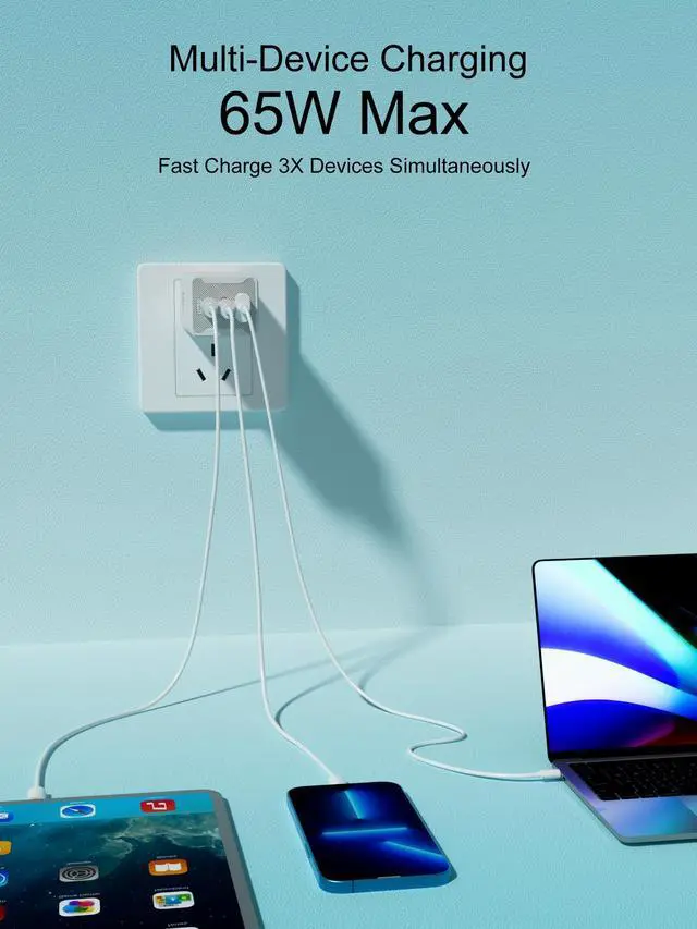 Alt view image 3 of 6 - 65W USB C Charger, 3-Port PD Fast Charger Block Compact USB-C Power Adapter, for MacBook Pro/Air, iPhone 16/15/14, iPad Pro/Air, Galaxy, Steam Deck, Dell XPS 13 & More (White, with Cable)