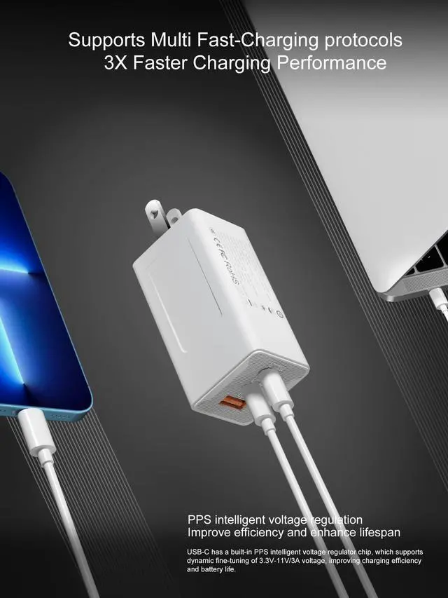 Alt view image 6 of 6 - 65W USB C Charger, 3-Port PD Fast Charger Block Compact USB-C Power Adapter, for MacBook Pro/Air, iPhone 16/15/14, iPad Pro/Air, Galaxy, Steam Deck, Dell XPS 13 & More (White, with Cable)