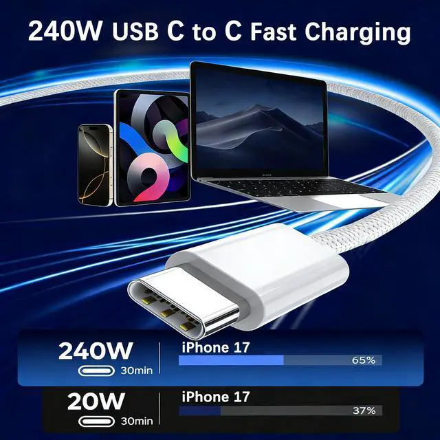 Alt view image 2 of 7 - 240W USB C to USB C Cable, 6FT C to C Cable Fast Charging for MacBook Pro/MacBook Air, iPad Pro 13-inch/Air/Mini, iPhone 17 16 15 Pro Max, Samsung Galaxy S26,140W/100W /65W/45W/35W/20W
