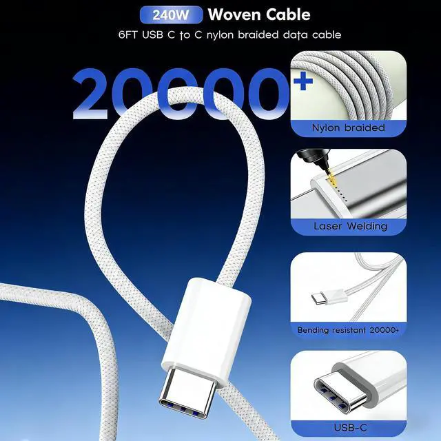 Alt view image 4 of 7 - 240W USB C to USB C Cable, 6FT C to C Cable Fast Charging for MacBook Pro/MacBook Air, iPad Pro 13-inch/Air/Mini, iPhone 17 16 15 Pro Max, Samsung Galaxy S26,140W/100W /65W/45W/35W/20W