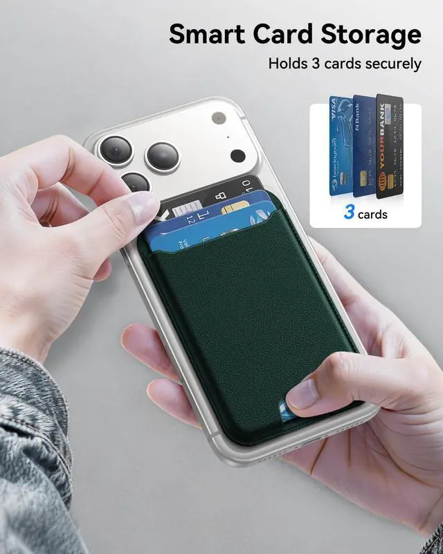 Alt view image 5 of 6 - for MagSafe Wallet, 3 Cards Holder, Slim Magnetic Phone Wallet for iPhone 17/16/15/14/13/12 Pro Max Plus Air Series,RFID Blocking Vegan Leather,Night Green