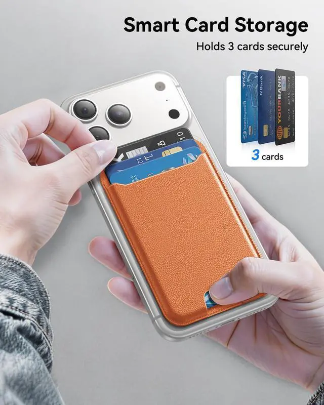 Alt view image 5 of 6 - for MagSafe Wallet, 3 Cards Holder, Slim Magnetic Phone Wallet for iPhone 17/16/15/14/13/12 Pro Max Plus Air Series,RFID Blocking Vegan Leather,Orange