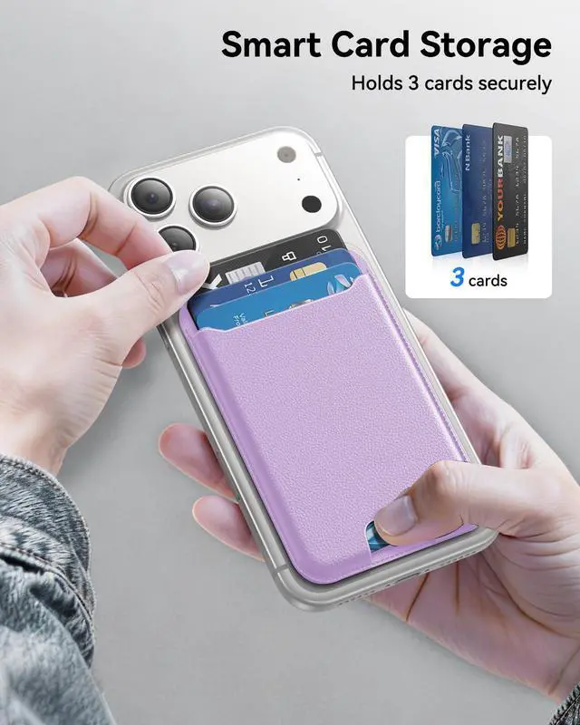 Alt view image 5 of 6 - for MagSafe Wallet, 3 Cards Holder, Slim Magnetic Phone Wallet for iPhone 17/16/15/14/13/12 Pro Max Plus Air Series,RFID Blocking Vegan Leather,Purple