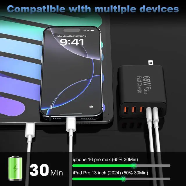 Alt view image 3 of 7 - 65W USB C Charger Block,6-Port Multi Device Fast Charger PD QC Wall Adapter