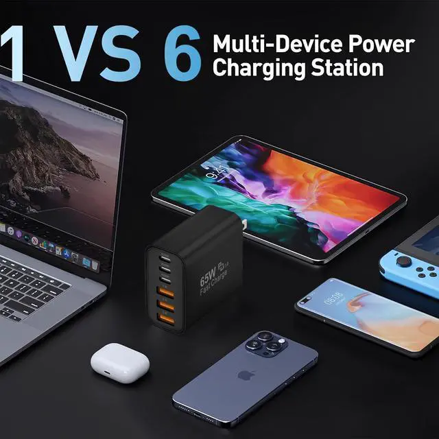 Alt view image 5 of 7 - 65W USB C Charger Block,6-Port Multi Device Fast Charger PD QC Wall Adapter
