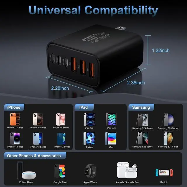 Alt view image 6 of 7 - 65W USB C Charger Block,6-Port Multi Device Fast Charger PD QC Wall Adapter
