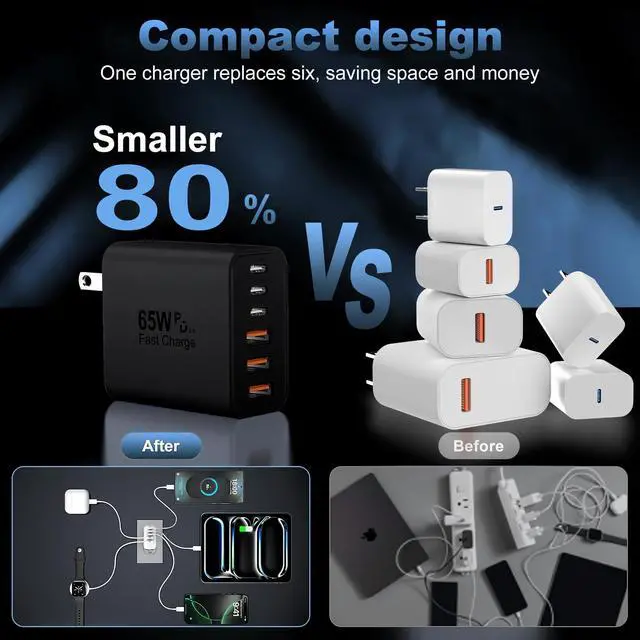 Alt view image 7 of 7 - 65W USB C Charger Block,6-Port Multi Device Fast Charger PD QC Wall Adapter