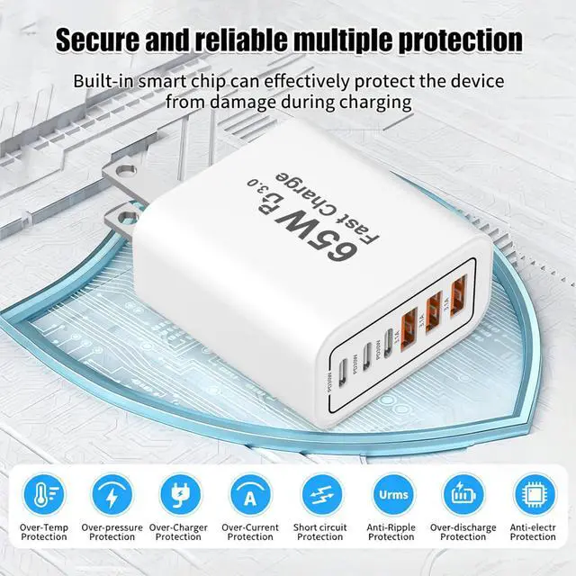 Alt view image 3 of 7 - USB C Fast Charging Block,65W 6-Port Type C Phone Charging Cubes Power Adapter Multiport Brick for iPhone 17/16/15/14/13/12/11/Pro Max/Plus/Air, iPad mini/Pro,Galaxy S25
