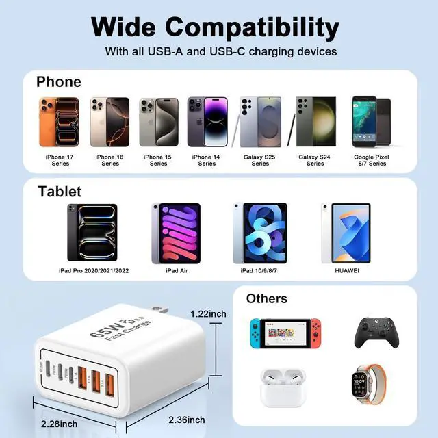 Alt view image 6 of 7 - USB C Fast Charging Block,65W 6-Port Type C Phone Charging Cubes Power Adapter Multiport Brick for iPhone 17/16/15/14/13/12/11/Pro Max/Plus/Air, iPad mini/Pro,Galaxy S25
