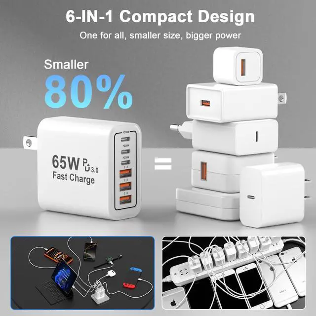 Alt view image 7 of 7 - USB C Fast Charging Block,65W 6-Port Type C Phone Charging Cubes Power Adapter Multiport Brick for iPhone 17/16/15/14/13/12/11/Pro Max/Plus/Air, iPad mini/Pro,Galaxy S25
