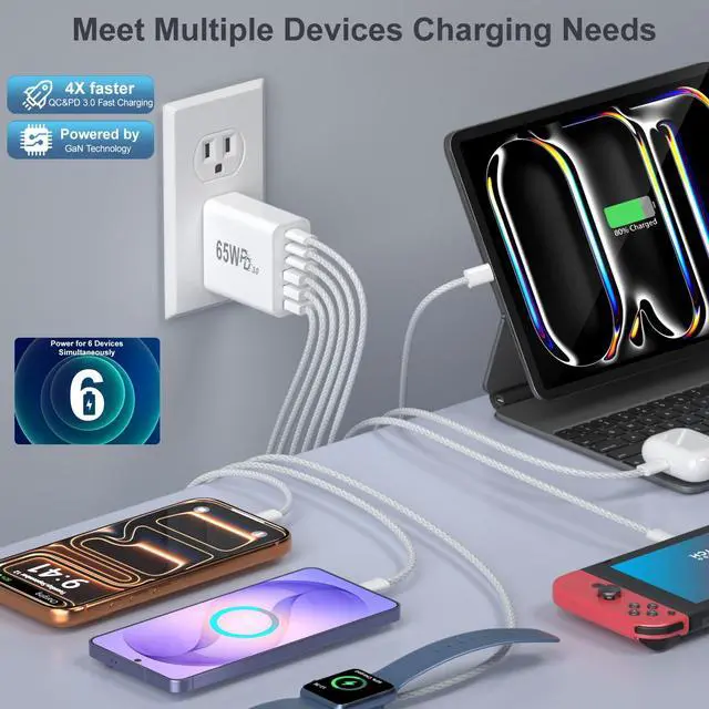 Alt view image 2 of 7 - 65W USB C Charger Block, Multi Port Fast USB C Wall Charger Plug Power Adapter PD 45W Type C Charging Block for iPhone 17 16e 15 14 13 12 11 Pro Max Pad Galaxy S26 Ultra Tablet