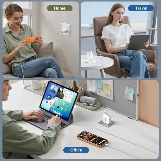 Alt view image 4 of 7 - 65W USB C Charger Block, Multi Port Fast USB C Wall Charger Plug Power Adapter PD 45W Type C Charging Block for iPhone 17 16e 15 14 13 12 11 Pro Max Pad Galaxy S26 Ultra Tablet