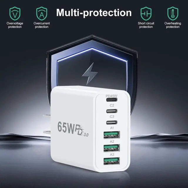 Alt view image 7 of 7 - 65W USB C Charger Block, Multi Port Fast USB C Wall Charger Plug Power Adapter PD 45W Type C Charging Block for iPhone 17 16e 15 14 13 12 11 Pro Max Pad Galaxy S26 Ultra Tablet