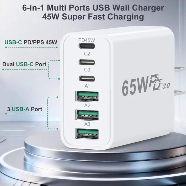 Alt view image 3 of 7 - 65W USB C Charger Block, Multi Port Fast USB C Wall Charger Plug Power Adapter PD 45W Type C Charging Block for iPhone 17 16e 15 14 13 12 11 Pro Max Pad Galaxy S26 Ultra Tablet