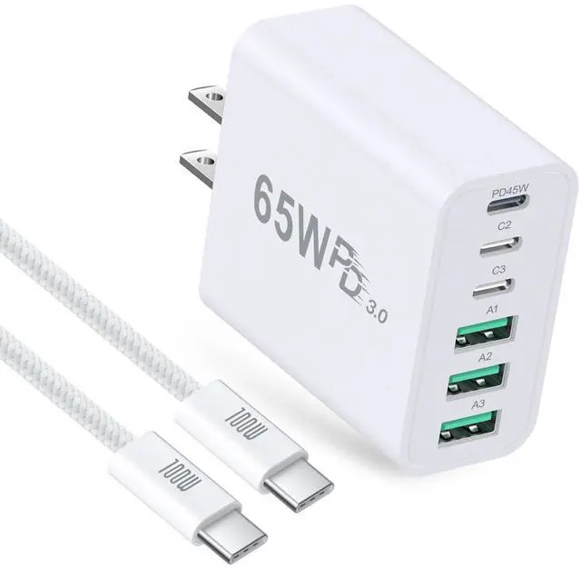 Main image of 65W USB C Charger Block, 45W Fast Charging Brick 6-Port GaN Power Adapter, with 6ft USC-C to C Cable 5A for iPhone 17 16 15 Pro Max MacBook Air iPad Galaxy S26 Ultra S25 Pixel