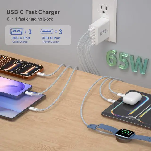 Alt view image 3 of 7 - 65W USB C Charger Block, 45W Fast Charging Brick 6-Port GaN Power Adapter, with 6ft USC-C to C Cable 5A for iPhone 17 16 15 Pro Max MacBook Air iPad Galaxy S26 Ultra S25 Pixel