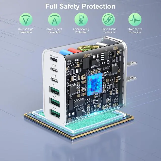 Alt view image 4 of 7 - 65W USB C Charger Block, 45W Fast Charging Brick 6-Port GaN Power Adapter, with 6ft USC-C to C Cable 5A for iPhone 17 16 15 Pro Max MacBook Air iPad Galaxy S26 Ultra S25 Pixel