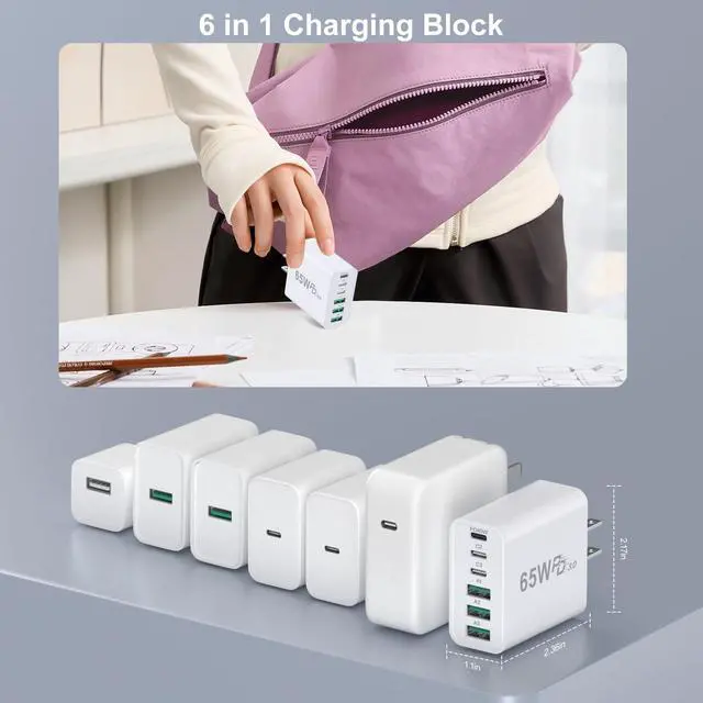 Alt view image 5 of 7 - 65W USB C Charger Block, 45W Fast Charging Brick 6-Port GaN Power Adapter, with 6ft USC-C to C Cable 5A for iPhone 17 16 15 Pro Max MacBook Air iPad Galaxy S26 Ultra S25 Pixel