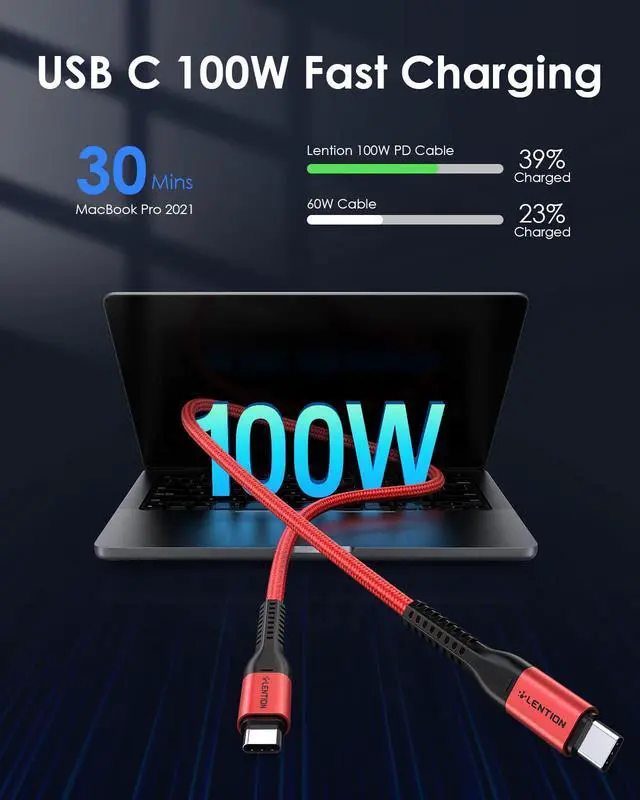 Alt view image 2 of 7 - USB-C to USB-C Cable, 2-Pack 100W Fast Charging 6.6ft (2m) Long Braided Cable for iPhone 17/16/15 MacBook iPad Pro Samsung Galaxy S25 Series(Red)