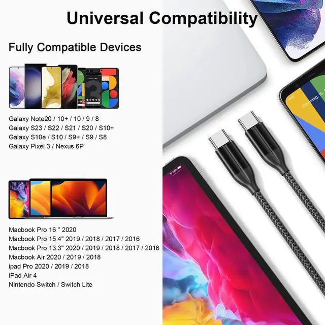Alt view image 7 of 7 - 100W USB C Cable Fast Charging, 2 Pack 6FT Braided USB-C Cable, 5A PD Charger Cord for MacBook Pro/Air, iPad Pro, iPhone 17/16/15 Pro Max, Samsung Galaxy S25/S24, Home Office Travel