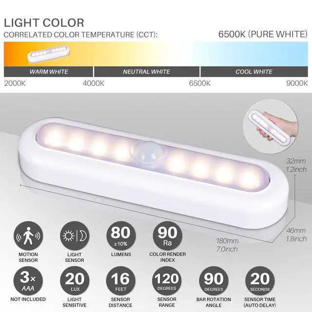 Alt view image 4 of 7 - 3 Pack 7 Motion Sensor Lights Indoor Battery Operated, Stick on LED Light for Closet, Stairs, Under Cabinet, Warm White