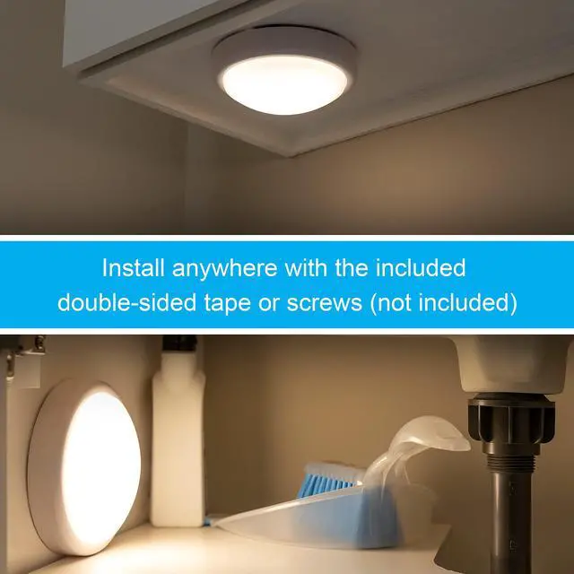 Alt view image 3 of 5 - Battery-Operated Tap Light, White Push Light, Stick-On, Wireless and Portable, Ideal for Cabinets, Closets, Nightstands, Bathrooms, and Hallways 54807