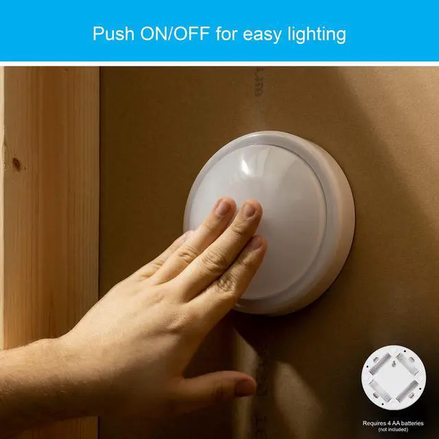 Alt view image 4 of 5 - Battery-Operated Tap Light, White Push Light, Stick-On, Wireless and Portable, Ideal for Cabinets, Closets, Nightstands, Bathrooms, and Hallways 54807