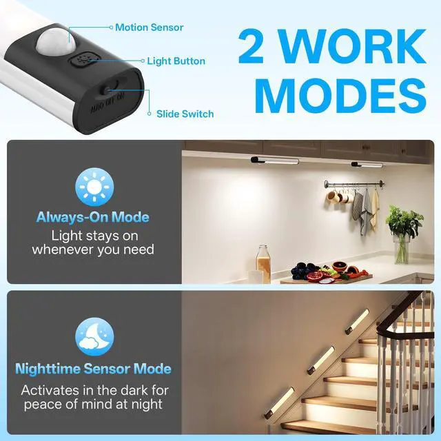 Alt view image 6 of 7 - Under Cabinet Lighting,LED Closet Lights,Rechargeable Motion Sensor Light Indoor,3 Colors Dimmable,Magnetic Installation for Kitchen,Wardrobe,Bedroom,Drawer 3Pack
