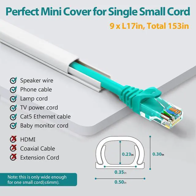 Alt view image 2 of 7 - One Cord Cover Wall 153in(9X L17in), Mini Wire Hider, Self-Adhesive Wire Cover for Hiding Speaker Wire, Baby Monitor Cord - Paintable Wire Channel for Cable Concealer, W0.5in H0.3in, CMR05 White