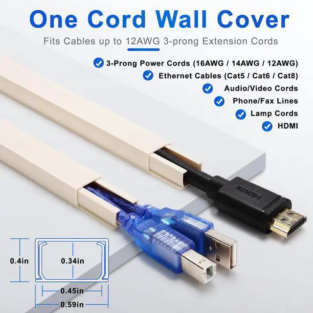 Alt view image 2 of 6 - Cord Hider Wall for One Cord, 136in Wire Covers Wall, Easy Install Cable Cover Kit, Cable Raceway Beige, Wire Management Wall, 8X L17in W0.6in H0.4in