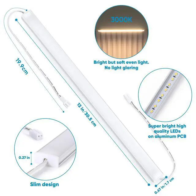 Alt view image 4 of 7 - Under Cabinet Lighting Set Plug in, 3 pcs 12 Inches LED Light Bars. Super Bright Dimmable Linkable for Kitchen Undercabinet Counter Top Shelf Pantry Closet Display Lighting. Warm White 3000K