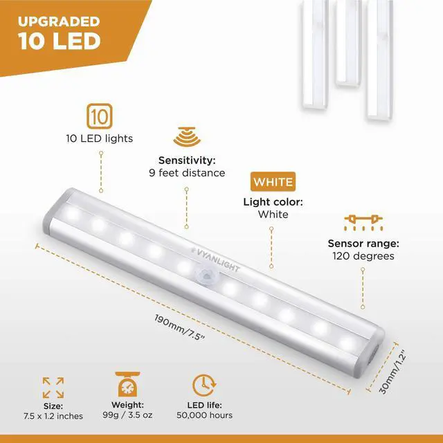 Alt view image 2 of 6 - Motion Sensor LED Under Cabinet Lights, 10 LED Light Strips for Closet, Kitchen, Bathroom, Pantry - Battery Operated, Wireless, Peel and Stick, 3 Pack