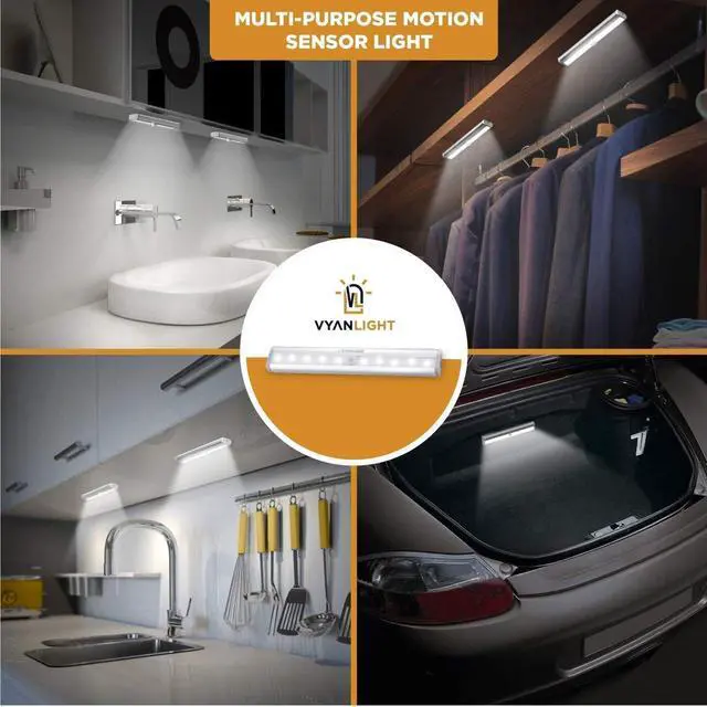 Alt view image 3 of 6 - Motion Sensor LED Under Cabinet Lights, 10 LED Light Strips for Closet, Kitchen, Bathroom, Pantry - Battery Operated, Wireless, Peel and Stick, 3 Pack