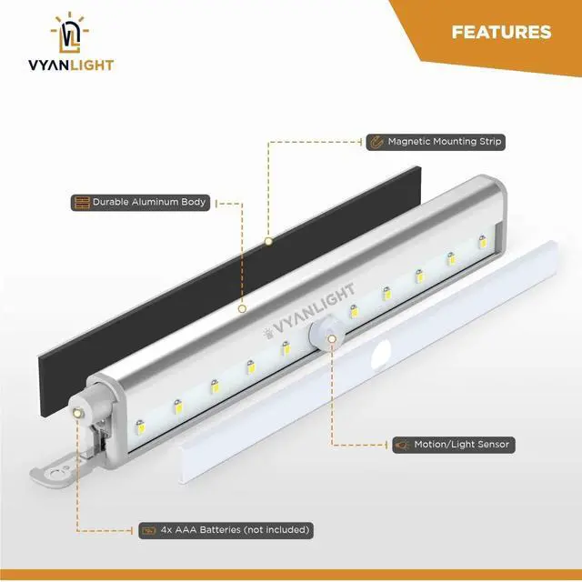 Alt view image 6 of 6 - Motion Sensor LED Under Cabinet Lights, 10 LED Light Strips for Closet, Kitchen, Bathroom, Pantry - Battery Operated, Wireless, Peel and Stick, 3 Pack