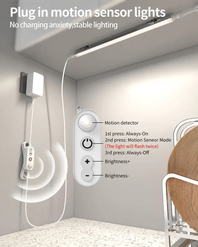 Alt view image 2 of 6 - Motion Sensor Dimmable Under Cabinet Lighting, 6000K White, Plug-in, Linkable LED Closet Light Bars, 12-inch 2 Pack