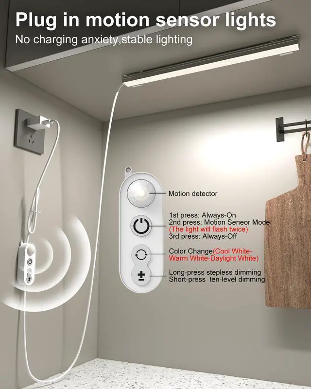 Alt view image 2 of 7 - Motion Sensor Dimmable Led Under Cabinet Lighting,14.5in USB Plug-in Under Desk Light with 3 Color Changing(2700K, 4000K,6000K),Dimmable LED Light Bar for Home Kitchen,Cabinet,Pantry