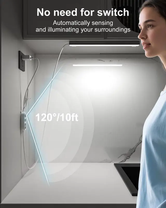 Alt view image 3 of 7 - Motion Sensor Dimmable Led Under Cabinet Lighting,14.5in USB Plug-in Under Desk Light with 3 Color Changing(2700K, 4000K,6000K),Dimmable LED Light Bar for Home Kitchen,Cabinet,Pantry