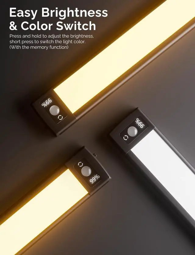 Alt view image 2 of 6 - Under Cabinet Lighting with LED Numeric Display,3 Color Temps&Dimmable Lights, Under Counter Lights for Kitchen,Wireless Motion Sensor Light Indoor, Stick-On Magnetic Closet Light(Black-2 Pack)