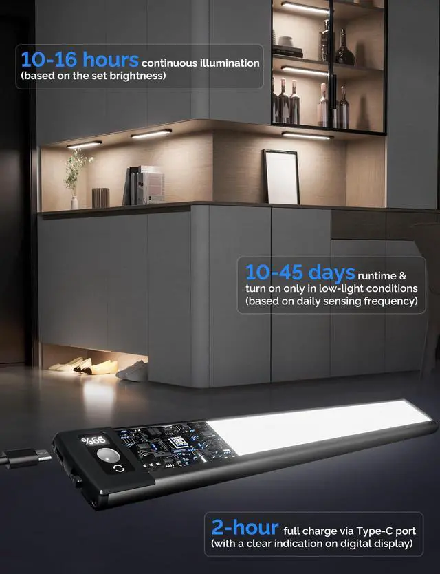 Alt view image 3 of 6 - Under Cabinet Lighting with LED Numeric Display,3 Color Temps&Dimmable Lights, Under Counter Lights for Kitchen,Wireless Motion Sensor Light Indoor, Stick-On Magnetic Closet Light(Black-2 Pack)