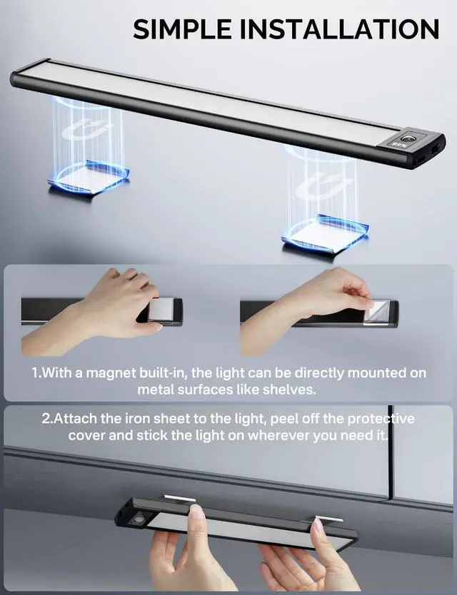 Alt view image 5 of 6 - Under Cabinet Lighting with LED Numeric Display,3 Color Temps&Dimmable Lights, Under Counter Lights for Kitchen,Wireless Motion Sensor Light Indoor, Stick-On Magnetic Closet Light(Black-2 Pack)