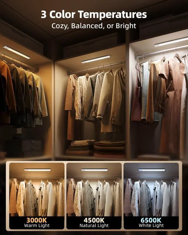 Alt view image 5 of 7 - Under Cabinet Lighting, 3500mAh Rechargeable Motion Sensor Light Indoor, 3 Color Temps, 5-Level Dimmable Magnetic Wireless Closet Lights for Kitchen, Pantry, Stairs (2 Pack)