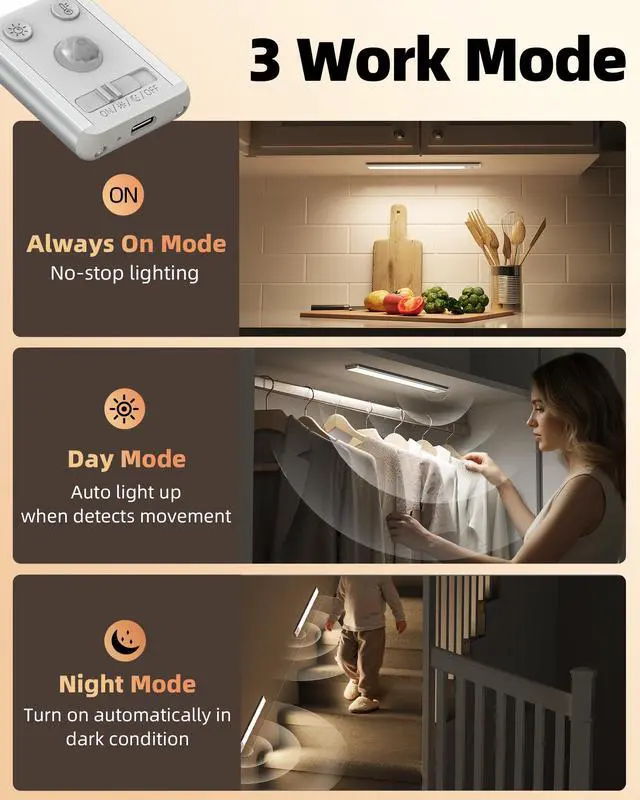 Alt view image 6 of 7 - Under Cabinet Lighting, 3500mAh Rechargeable Motion Sensor Light Indoor, 3 Color Temps, 5-Level Dimmable Magnetic Wireless Closet Lights for Kitchen, Pantry, Stairs (2 Pack)