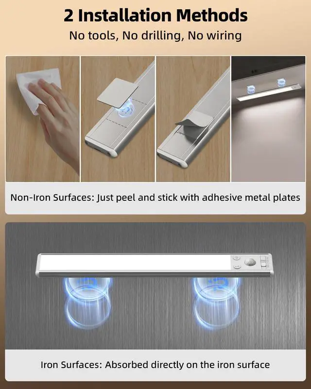 Alt view image 7 of 7 - Under Cabinet Lighting, 3500mAh Rechargeable Motion Sensor Light Indoor, 3 Color Temps, 5-Level Dimmable Magnetic Wireless Closet Lights for Kitchen, Pantry, Stairs (2 Pack)