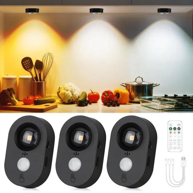Main image of 3-Pack LED Motion Sensor Puck Lights Indoor, Rechargeable Under Cabinet Lighting with Remote, Dimmable Closet & Drawer Lights, Wireless Stick-On Night Light for Kitchen,Wardrobe,Bathroom, Black