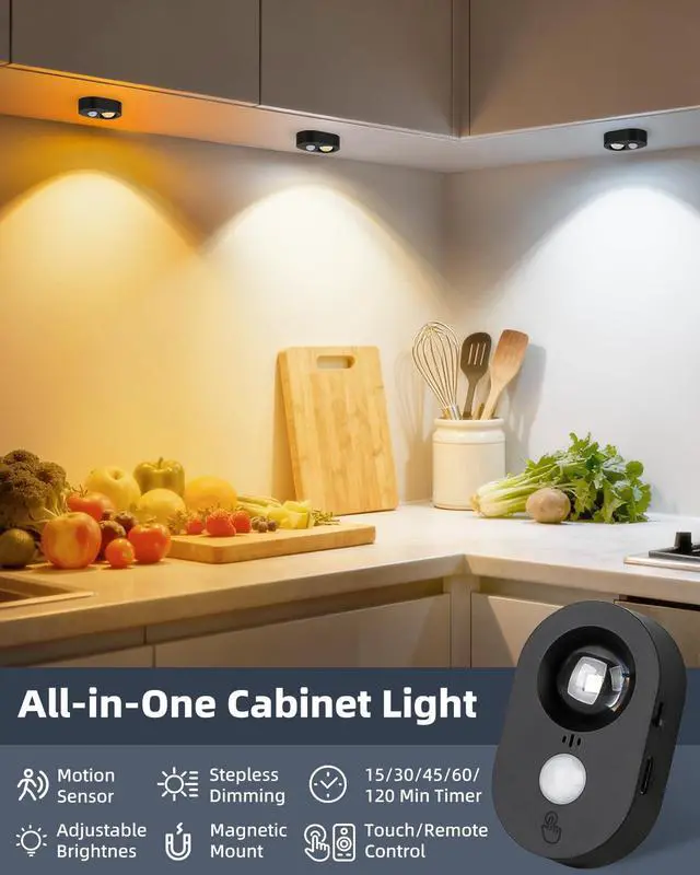 Alt view image 2 of 7 - 3-Pack LED Motion Sensor Puck Lights Indoor, Rechargeable Under Cabinet Lighting with Remote, Dimmable Closet & Drawer Lights, Wireless Stick-On Night Light for Kitchen,Wardrobe,Bathroom, Black