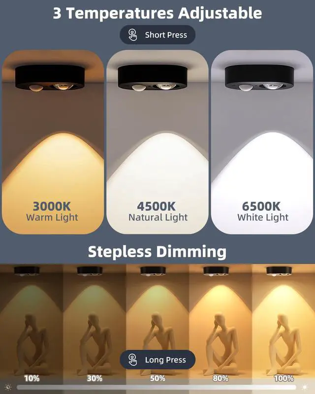 Alt view image 5 of 7 - 3-Pack LED Motion Sensor Puck Lights Indoor, Rechargeable Under Cabinet Lighting with Remote, Dimmable Closet & Drawer Lights, Wireless Stick-On Night Light for Kitchen,Wardrobe,Bathroom, Black