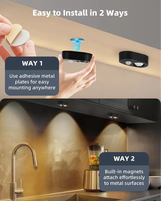 Alt view image 7 of 7 - 3-Pack LED Motion Sensor Puck Lights Indoor, Rechargeable Under Cabinet Lighting with Remote, Dimmable Closet & Drawer Lights, Wireless Stick-On Night Light for Kitchen,Wardrobe,Bathroom, Black