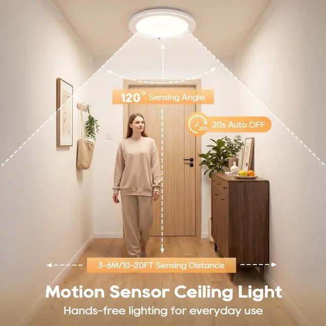 Alt view image 2 of 7 - Rechargeable Motion Sensor Ceiling Light, 8000mAh Battery Operated Ceiling Lights with Remote, Magnetic Wireless Closet Light, 3 Color Dimmable LED Lights for Closet Shower Pantry Shed Hallway Stairs